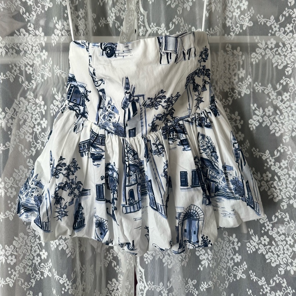 White tube top with Blue Toile Print
